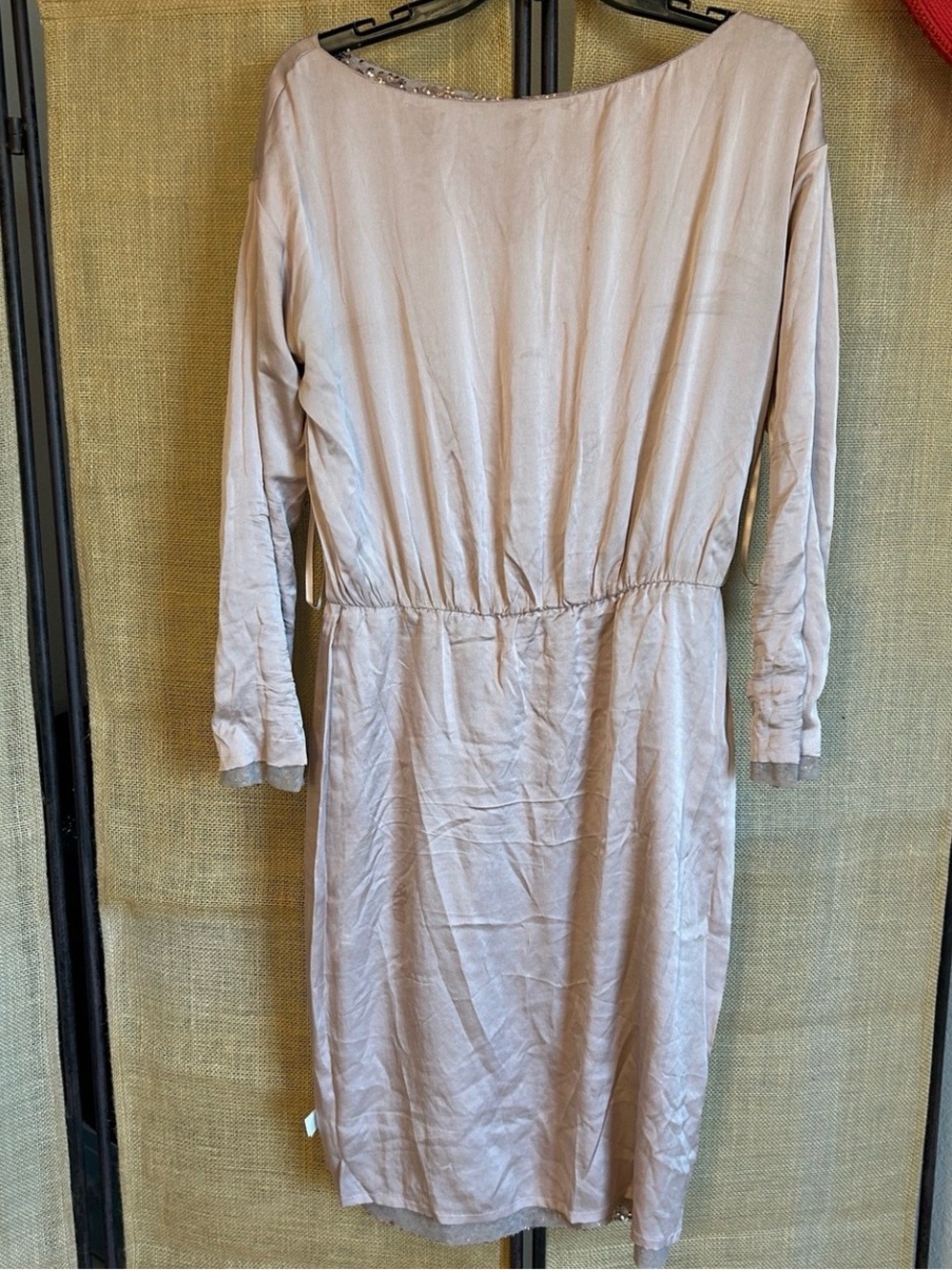 St. John Rose Gold Sequin Metallic Long Sleeve Midi Silk Dress Womens size 4 - Picture 10 of 16